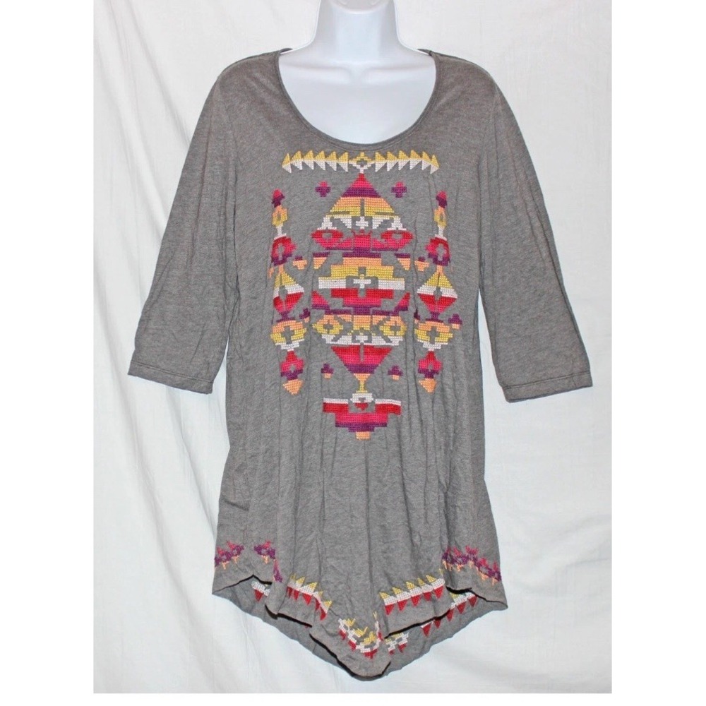 JOHNNY WAS Medium Gray Aztec Cross Stitch Tunic Top‎ 3/4 Slv Knit Southwestern